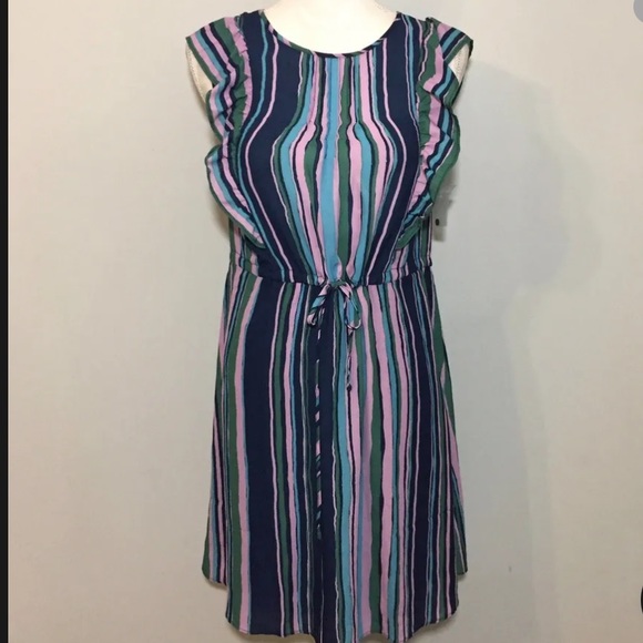 Modcloth Get Into The Ruffle Multicolored Striped Ruffle Tie Waist Dress NWOT L - Picture 4 of 16